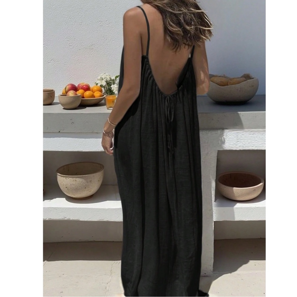 Loose Fitting Black Backless Drawstring Cami Long Maxi Dress